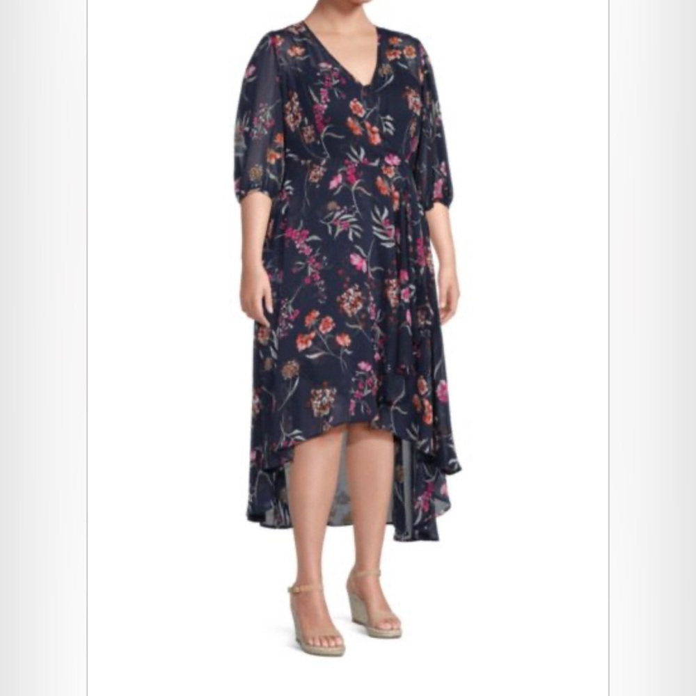Calvin Klein Navy Plus Floral Print High Low Dress Size 18W